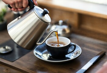 pouring coffee from a kettle into a cup