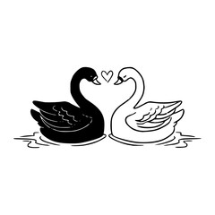 a black and white drawing of a romantic swans design