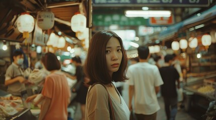 Fototapeta premium Young Woman Stands in Bustling Night Market Filled with Lights and People