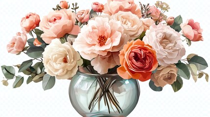 Obraz premium Elegant Peach and Coral Rose Bouquet in Glass Vase