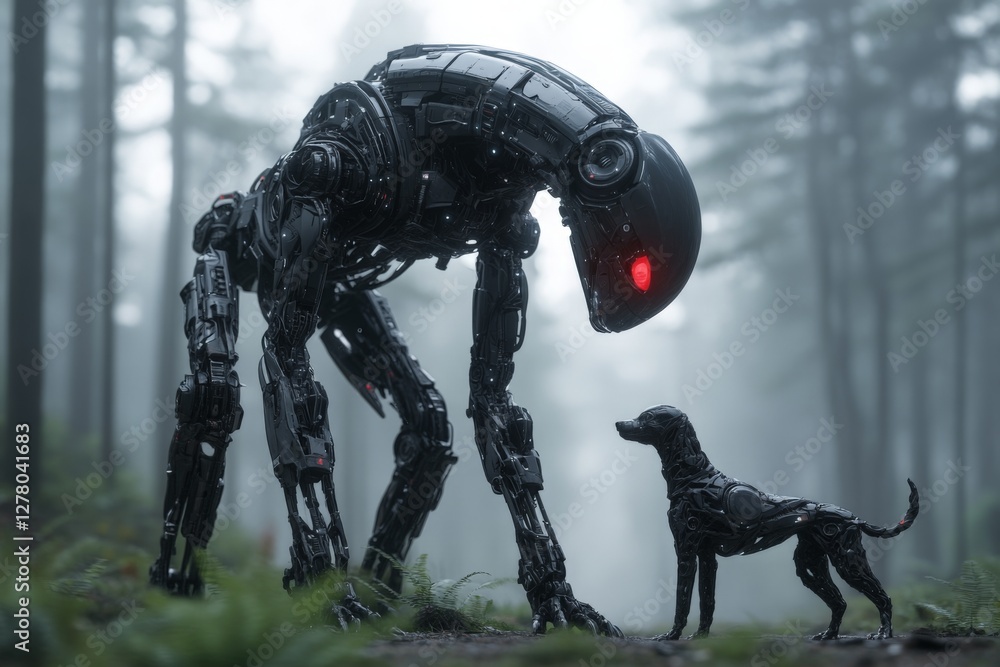 Poster robotic figure interacts with cybernetic dog in a misty forest setting