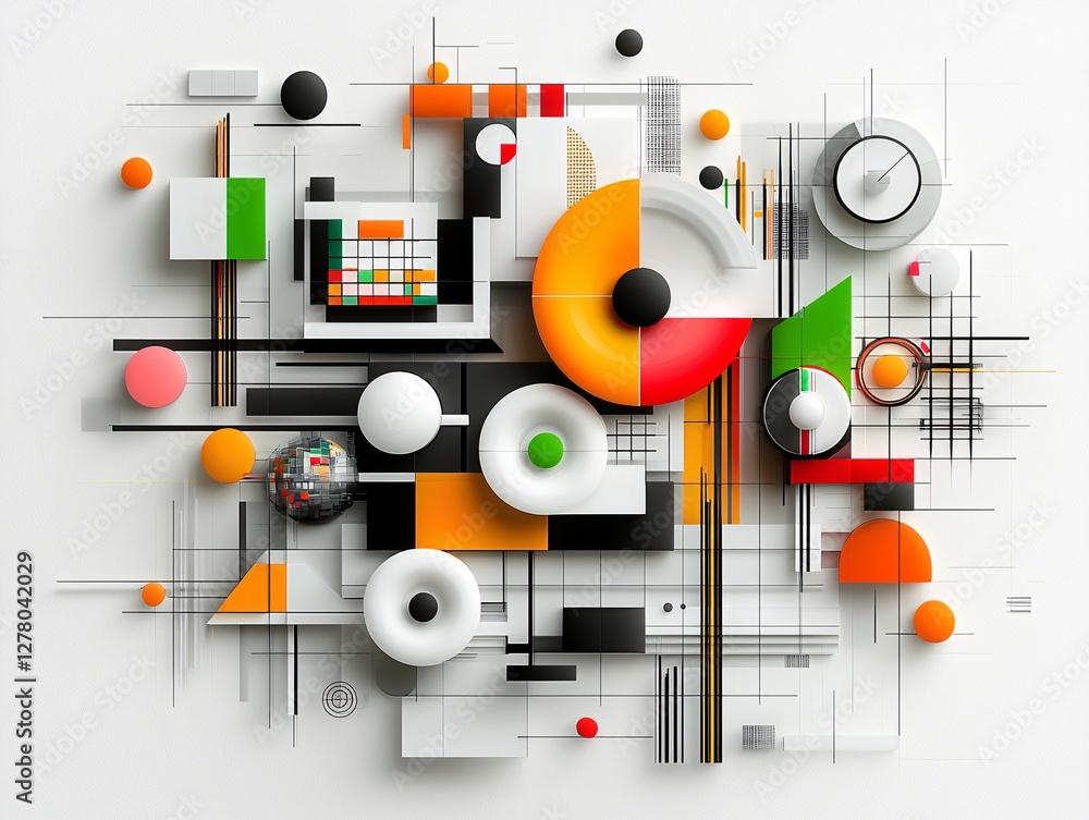 Poster geometric abstraction, sharp angles and curves, precise mathematical design, bold color contrasts, s