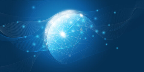 Abstract Dark Blue Futuristic Glowing Global Virtual Network Structure and Telecommunications Design Concept, Polygonal Connections with Transparent Wavy Geometric Polygonal Mesh, Vector Illustration