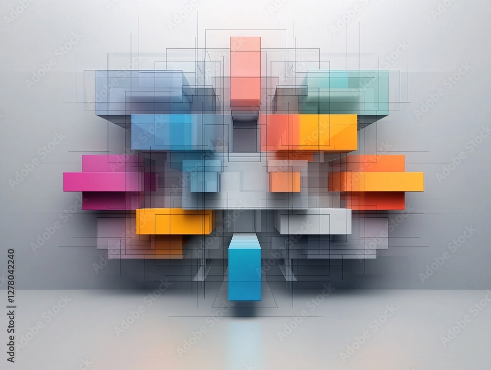 Poster geometric abstraction, sharp angles and curves, precise mathematical design, bold color contrasts, s