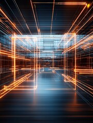 Luminous wireframe abstraction, glowing grid structures, digital connectivity, futuristic cyber aesthetics, high-tech visual language, intricate line work, precise geometric depth, neon illumination,