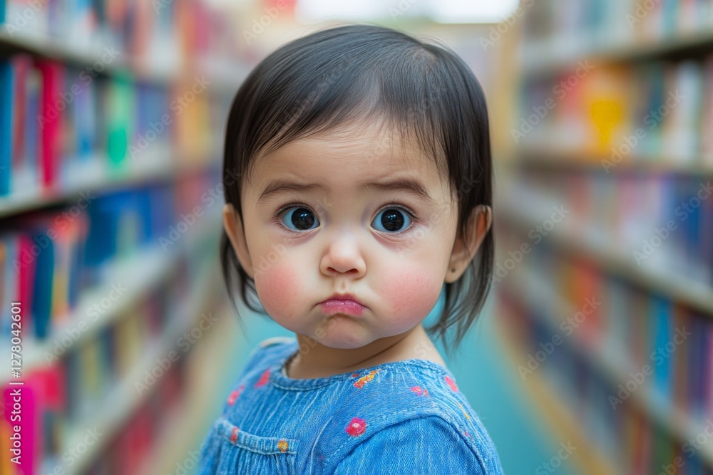 Aufkleber child with curious expression exploring a library filled with books on a bright day