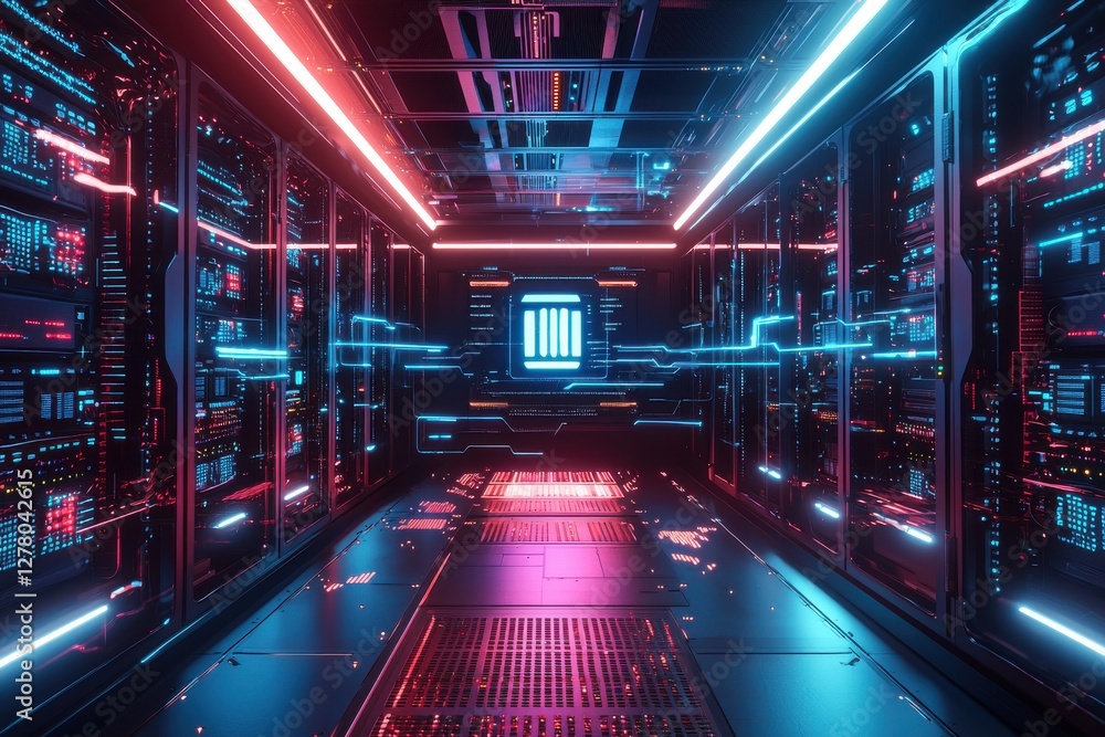 Poster a visually striking data center filled with servers and illuminated by neon lights creating a sense 
