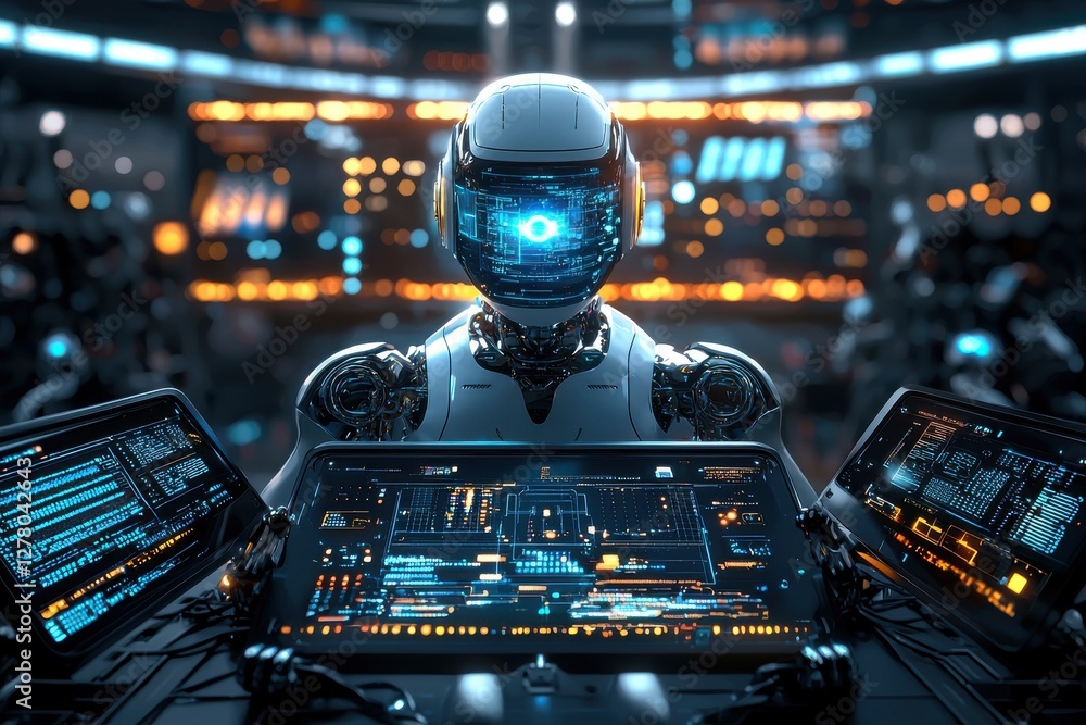 Poster a futuristic robot operating complex machinery with holographic displays, highlighting advanced tech