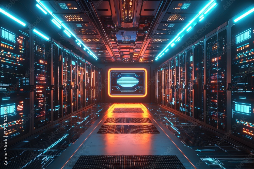 Poster inside a futuristic data center with glowing servers, illuminated by neon lights, showcasing advance