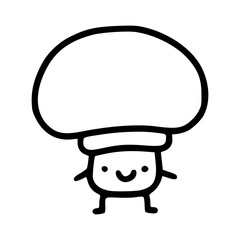 a black and white drawing of a cartoon mushroom with smiling face