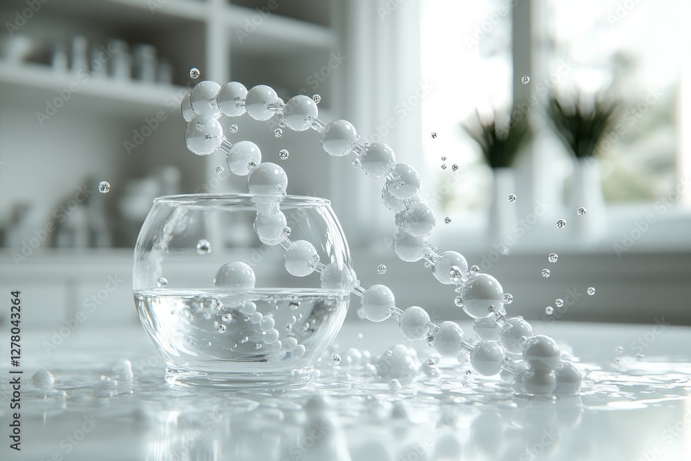 Poster dynamic splash of spherical objects into water in modern kitchen setting