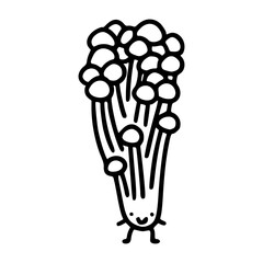 a black and white drawing of a cartoon mushroom with smiling face