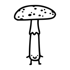 a black and white drawing of a cartoon mushroom with smiling face
