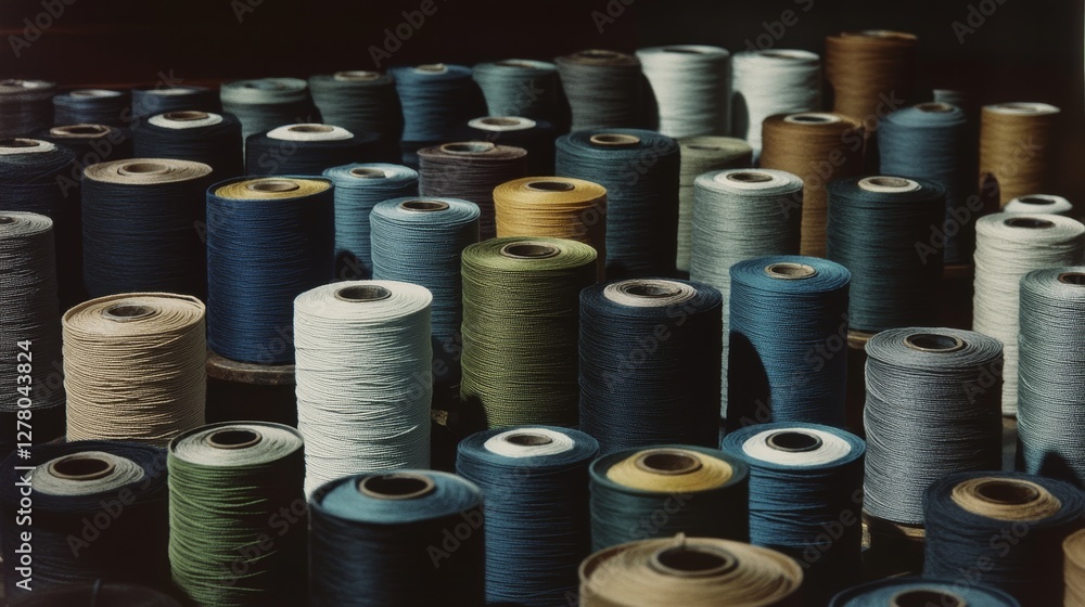 Poster assorted spools of thread in various colors and textures for sewing and crafting