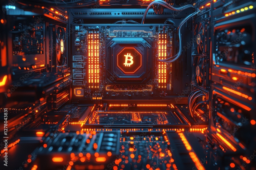 Poster illuminated computer motherboard with bitcoin symbol, reflecting cutting-edge technology and digital