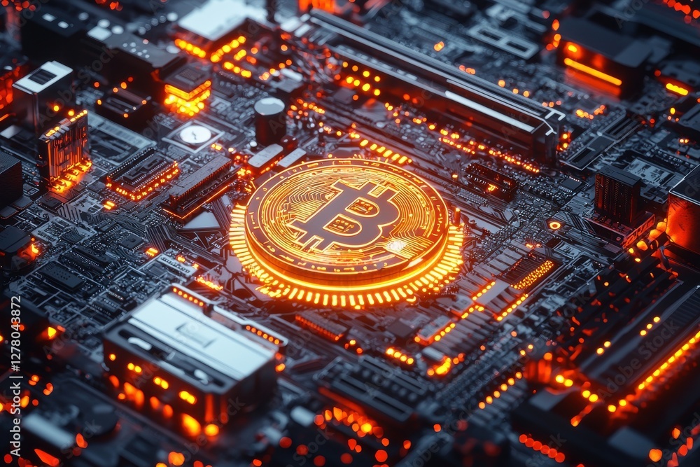 Poster close-up of a glowing bitcoin symbol on a high-tech motherboard with integrated circuits, representi
