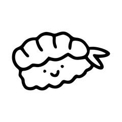 a black and white drawing of a japanese seafood cartoon character with smiling face