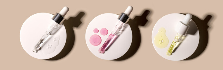 banner samples serum tests glass pipettes with drops of serum on a beige background