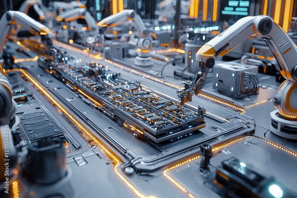 Poster automated robotic arms assembling electronic components on a circuit board, showcasing precision and