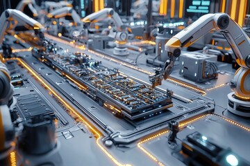 Automated robotic arms assembling electronic components on a circuit board, showcasing precision and advanced technology in a futuristic factory setting, driving innovation.