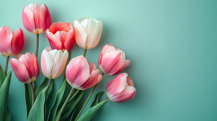 Obraz premium Elegant tulips in pink and white create a serene and fresh atmosphere, perfect for Women's Day, greeting cards, or spring celebrations with ample copy space.