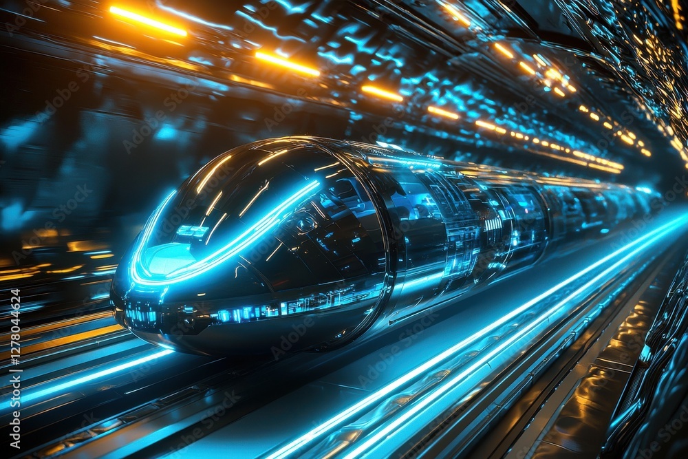 Poster a futuristic high-speed train in a luminous tunnel with sleek design and advanced technology, showca