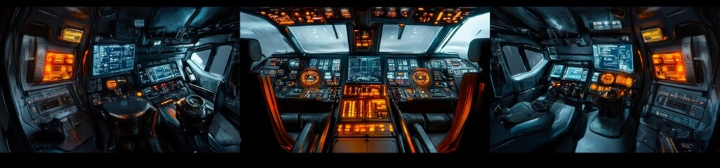 Obraz premium Futuristic Cockpit Triple-Screen Control Panel, Night Flight