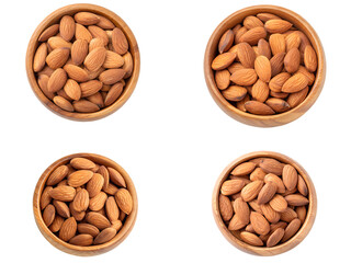 Almond nuts in wooden bowls, a Set of nut collections isolated