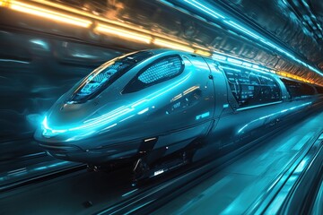 Fototapeta premium Futuristic high-speed train speeding through a tunnel with dynamic neon lights, reflecting on the train's sleek metal exterior, symbolizing innovation and speed.