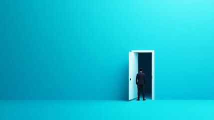 Entrepreneur opening a futuristic digital portal into a new business world, symbolizing market entry and expansion