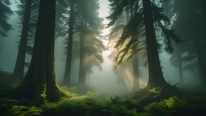 Fototapeta premium Enchanted Forest: Sunbeams Through Misty Pines