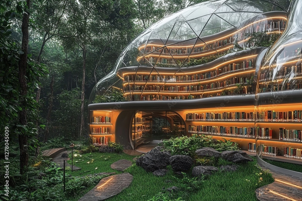 Poster a futuristic glass library nestled within a lush forest, blending architecture and nature seamlessly