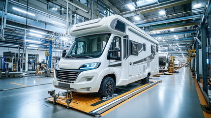Camper van assembly process occurring in a modern manufacturing facility