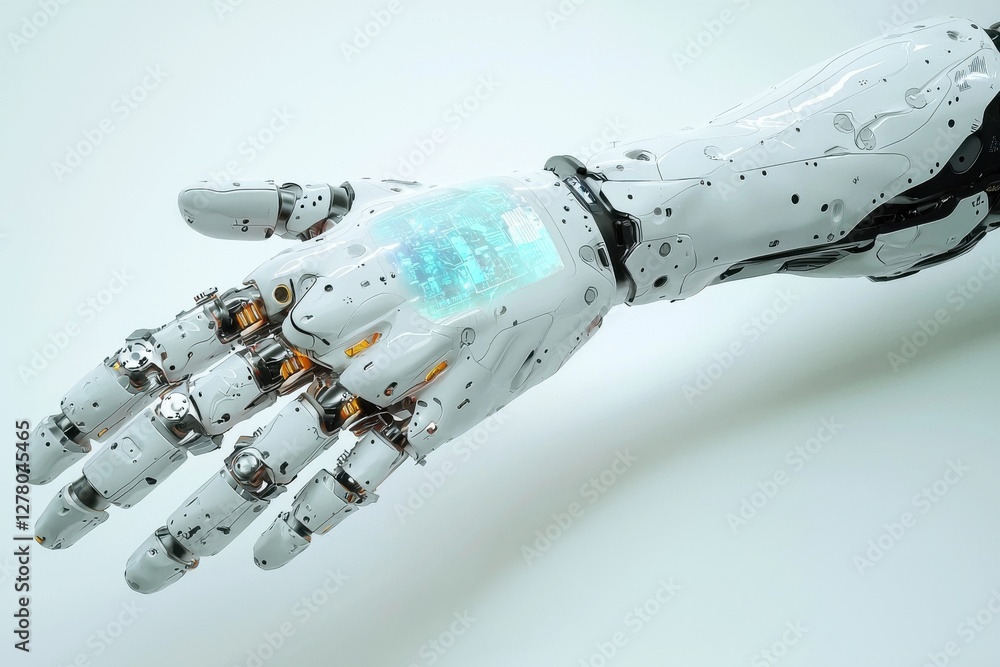 Poster detailed illustration of a futuristic robotic arm with glowing display, showing advanced technology,