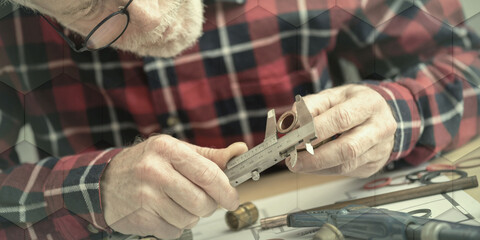 Plumber using a caliper, geometric pattern