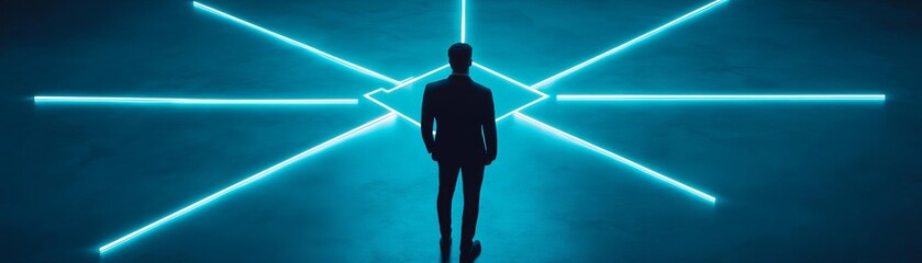 Fototapeta premium Futuristic businessman standing at a crossroads, choosing between multiple glowing business pathways, concept of expansion and decision-making
