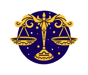 Circle avatar of Libra zodiac sign. Stars' horoscope in round icon. Symbol of constellation with scales shape. Astrology calendar, month of birth. Flat isolated vector illustration on white background