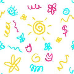 Seamless Playful Doodle Pattern with Sun and Flowers – A fun seamless pattern with hand-drawn doodles, including suns, flowers, and abstract elements. Perfect for children’s designs, stationery, and v