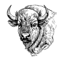 Fierce Bison Head Sketch &ndash; Black and White Buffalo Line Art