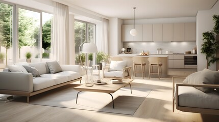 Serene and spacious open concept living area featuring a neutral color scheme modern minimalist furniture and a harmonious calming atmosphere for relaxation and comfort