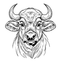 Bull Face Illustration – Hand Drawn Black and White Livestock Animal Line Art for Tattoo, Logo, Poster, or Farm-Themed Artwork