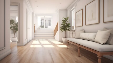 A bright and airy modern hallway with a minimalist design clean aesthetic and subtle decor elements creating a calm and elegant ambiance
