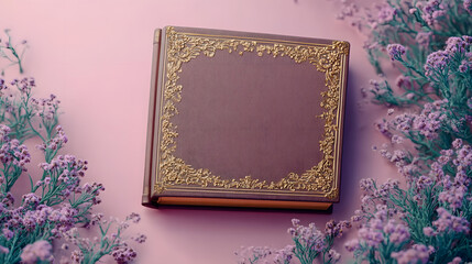 Naklejka premium Elegant book with ornate cover and delicate purple flowers on a pastel background.