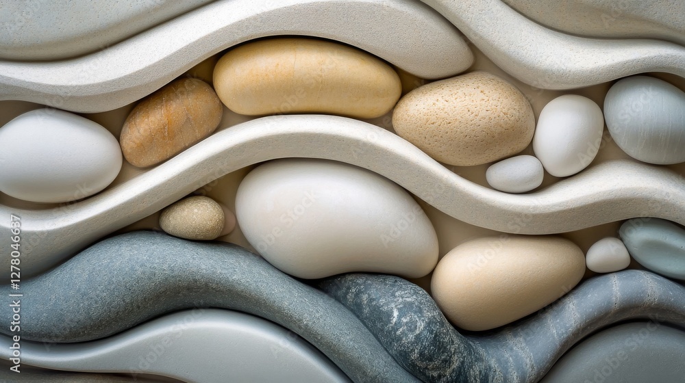 Poster smooth stones and wave shaped forms create abstract patterns in layers