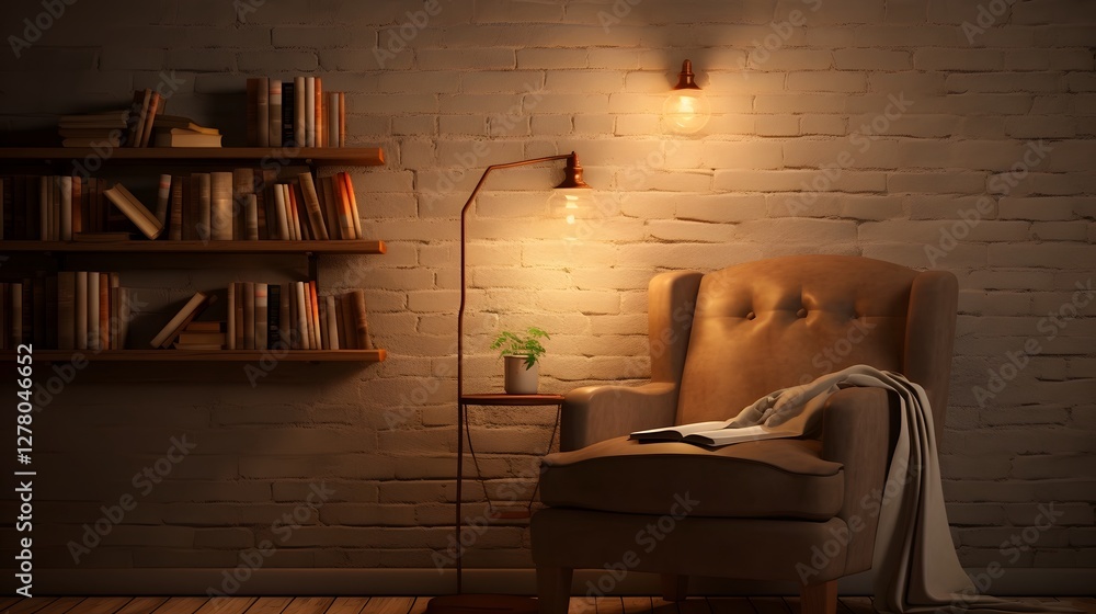 Poster serene and inviting reading nook with comfortable armchair wooden bookshelf and warm lighting create