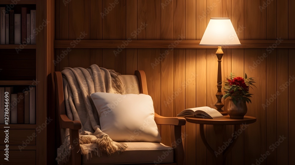 Poster inviting and serene reading nook with a comfortable armchair compact bookshelf and warm lighting cre