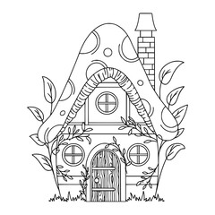 a black and white drawing of mushroom house in outline style for coloring pages	