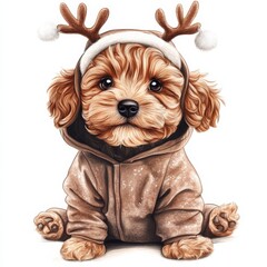 Adorable Puppy in Reindeer Outfit: A Festive Christmas Portrait of a Cute Dog Ready for the Holidays 