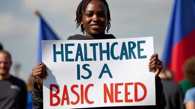A Supporter Holds a Sign Declaring That Healthcare Is a Basic Need During a Protest, Highlighting the Importance of Accessible Healthcare for Everyone