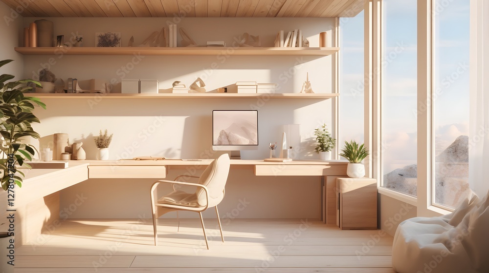 Aufkleber a serene and tranquil minimal workspace featuring a wooden desk neutral toned decor and soft natural